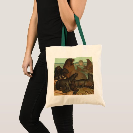 Vintage zeeleeuwen op het strand, zeedieren dier tote bag (Voorkant (product))