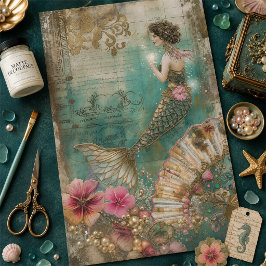 Vintage Zeemeermin Ephemera Decoupage in Groen, Go Tissuepapier