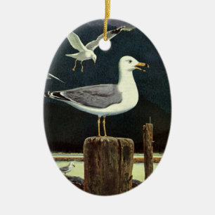 Vintage zeemeeuw op steiger, zee vogels dieren keramisch ornament