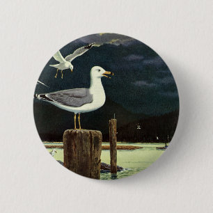 Vintage zeemeeuw op steiger, zee vogels dieren ronde button 5,7 cm