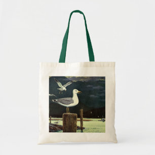 Vintage zeemeeuw op steiger, zee vogels dieren tote bag