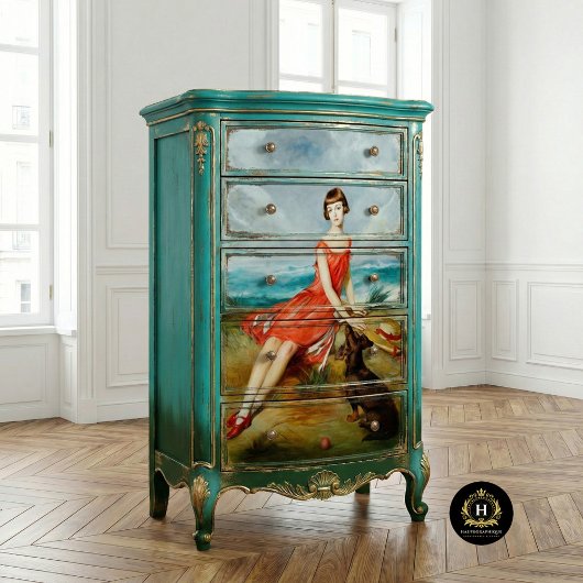 Vintage Zeemeisje en Hond Decoupage Tissuepapier