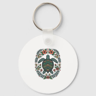 Vintage Zeeschildpad Bloem Vector Design_1 Sleutelhanger