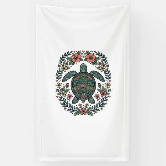 Vintage Zeeschildpad Bloemrijke Vector Design_1 Spandoek (Verticaal)