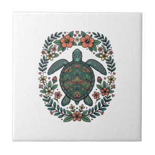 Vintage Zeeschildpad Bloemrijke Vector Design_1 Tegeltje