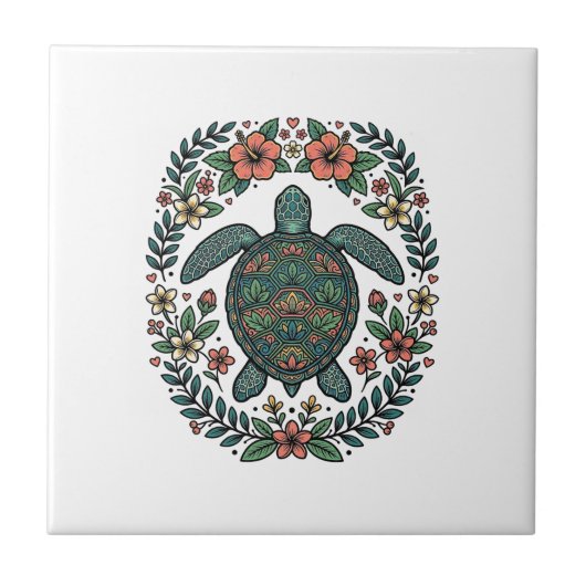 Vintage Zeeschildpad Bloemrijke Vector Design_1 Tegeltje (Voorkant)