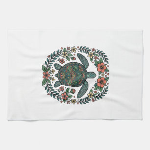 Vintage Zeeschildpad Bloemrijke Vector Design_1 Theedoek