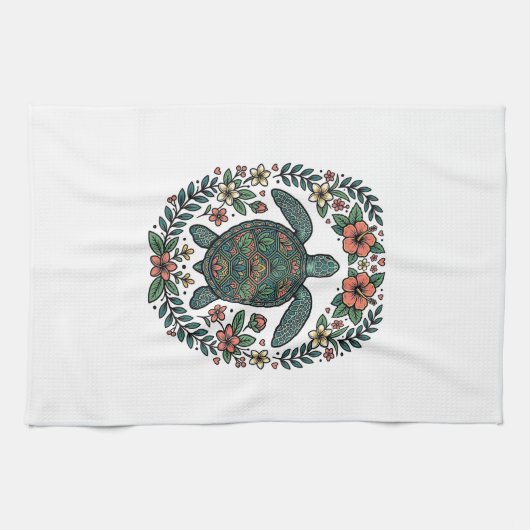 Vintage Zeeschildpad Bloemrijke Vector Design_1 Theedoek (Horizontaal)