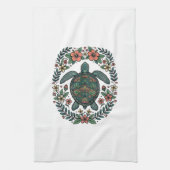 Vintage Zeeschildpad Bloemrijke Vector Design_1 Theedoek (Verticaal)