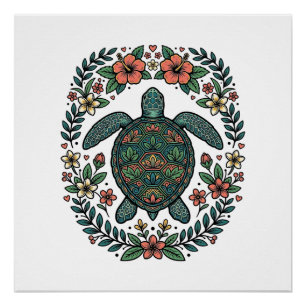 Vintage Zeeschildpad Bloemrijke Vector Ontwerp_1 Perfect Poster