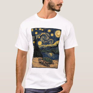 Vintage Zeeschildpad Sterrennacht Gravure Kunstont T-shirt