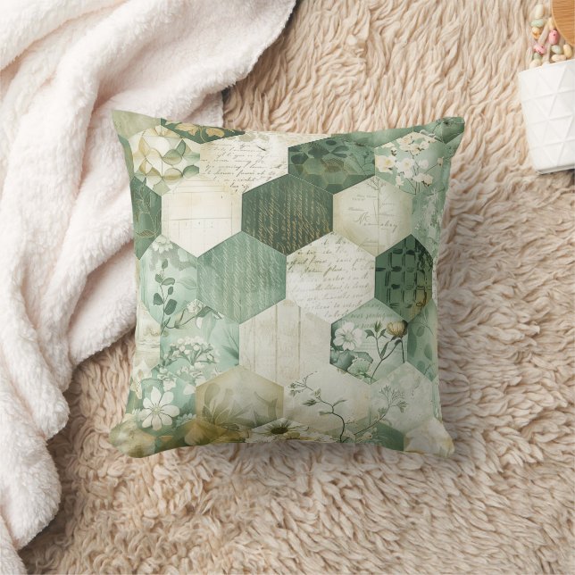 Vintage Zeshoekige Botanische Patchwork Kussen (Deken)