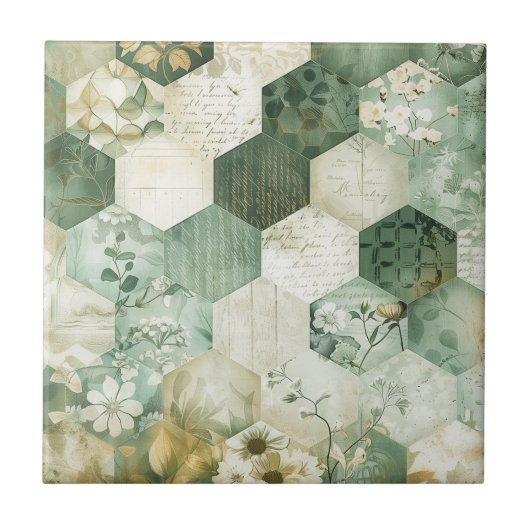 Vintage Zeshoekige Botanische Patchwork Tegeltje (Voorkant)
