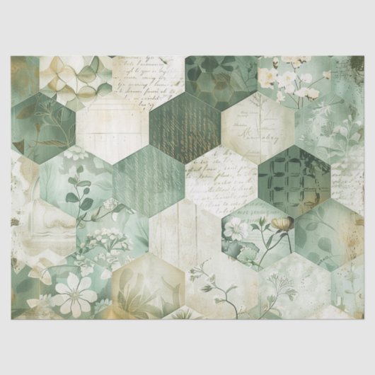 Vintage Zeshoekige Botanische Patchwork Tissuepapier (Voorkant)
