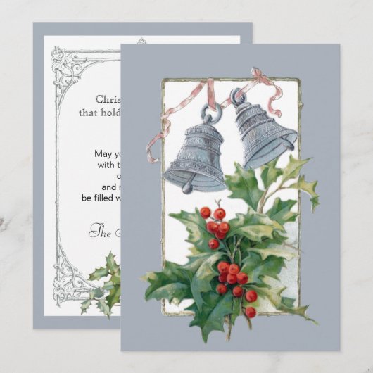 Vintage Zilveren Klokken en Hulst Feestdagenkaart (Voorkant / Achterkant)