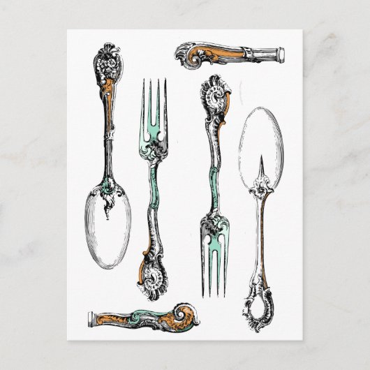 Vintage zilverwerk, eetgerei briefkaart (Voorkant)