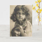 VINTAGE ZOETE MEISJE EN KAT KAART (Gele Bloem)