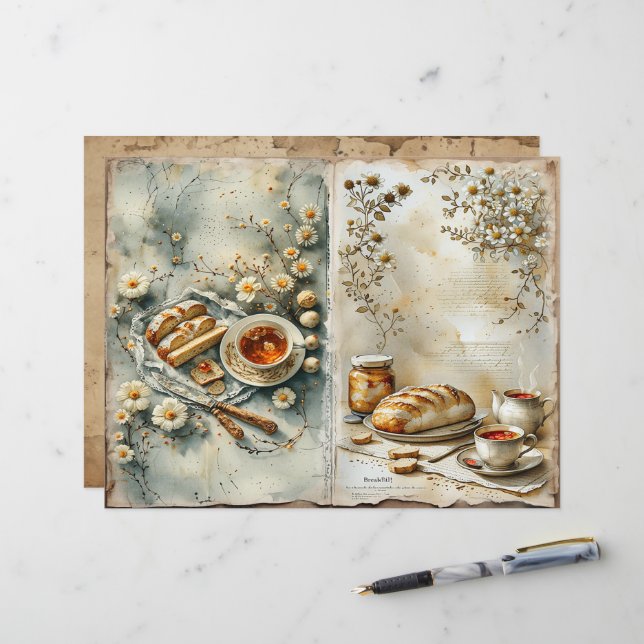Vintage Zomer Ontbijt Scrapbook Papier (Voorkant / Achterkant in situ)