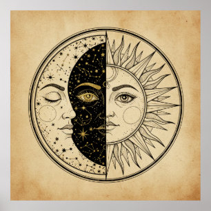 Vintage Zon- en Maan Tarotkaart Stijl Mystieke Pri Poster