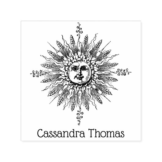Vintage Zon Gezicht Antropomorf Botanisch #4 Naam Zelfinktende Stempel (Design)
