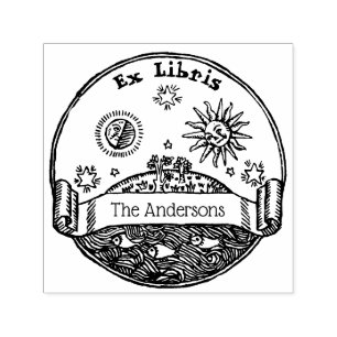 Vintage Zon Maan Sterren Oceaan Aarde Ex Libris Zelfinktende Stempel