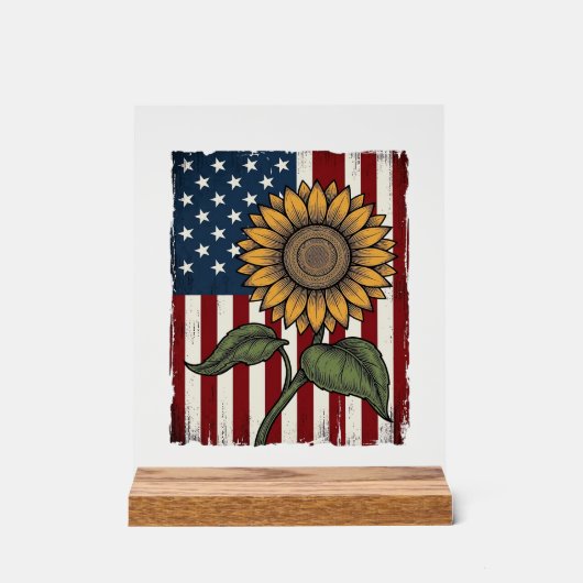 Vintage Zonnebloem Amerikaanse Vlag Acryl Bord (Voorkant)