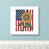 Vintage Zonnebloem Amerikaanse Vlag Canvas Afdruk (Insitu (Houten vloer))