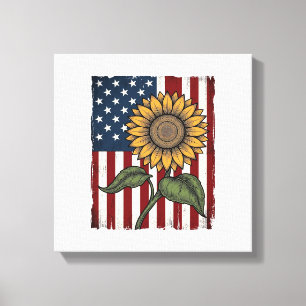 Vintage Zonnebloem Amerikaanse Vlag Canvas Afdruk
