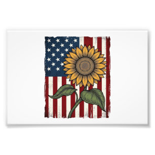 Vintage Zonnebloem Amerikaanse Vlag Foto Afdruk
