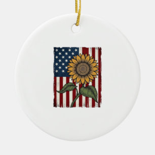 Vintage Zonnebloem Amerikaanse Vlag Keramisch Ornament