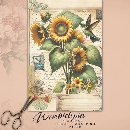 Vintage Zonnebloem & Kolibrie Decoupage Ephemera Tissuepapier