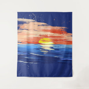 Vintage Zonsondergang   Blauw Geel Oranje Foto Ach Wandkleed