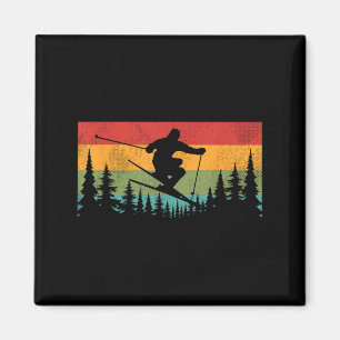 Vintage Zonsondergang Skiën Voor Alpineskiërs Retr Magneet