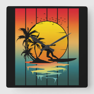Vintage Zonsondergang Surfen Surfer Oceaan Surf Vierkante Klok