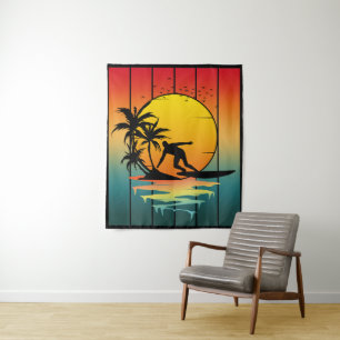 Vintage Zonsondergang Surfen Surfer Oceaan Surf Wandkleed