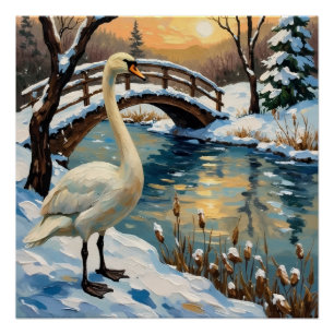 Vintage Zwaan door Sneeuwbrug Kerstschilderij Perfect Poster