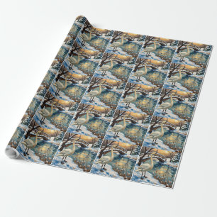 Vintage Zwaan door Sneeuwige Brug Kerstschilderij Cadeaupapier