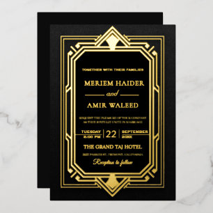 Vintage zwart en gouden Art Deco-huwelijk Folie Uitnodiging