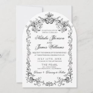 Vintage zwart en wit oud geld gebogen trouwfeest kaart