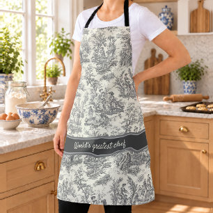 Vintage zwart en wit toile de jouy bedrukt schort
