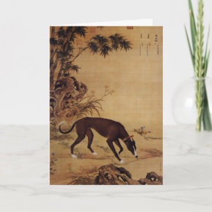 Vintage Zwart Greyhound & Roze Bloesems Feestdagen Kaart