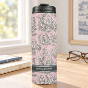 Vintage Zwart Roze Franse Toile de Jouy Patroon Thermosbeker