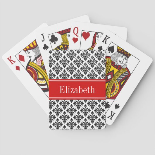 Vintage Zwart Wit Damast #3 Rode Naam Monogram Speelkaarten (Achterkant)