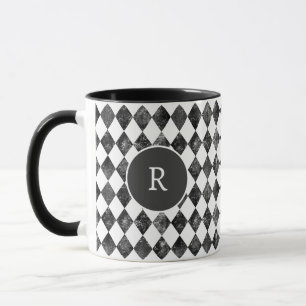 vintage zwart-wit schaakbord monogram mok