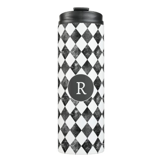 vintage zwart-wit schaakbord monogram thermosbeker (Voorkant)