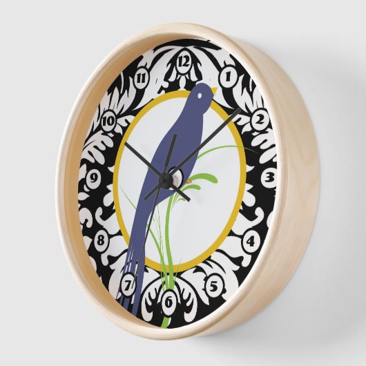 Vintage Zwart Witte Damast Navy Gele Vogelklok (Hoek)