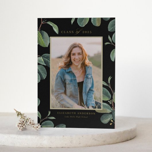 Vintage zwarte bladeren Zwarte foto Afstuderen Kaart