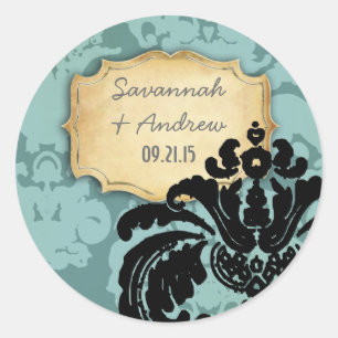 Vintage zwarte damast thee en gouden trouwsticker ronde sticker