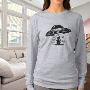 Vintage Zwarte Kat UFO Ruimteschip Grappig T-shirt