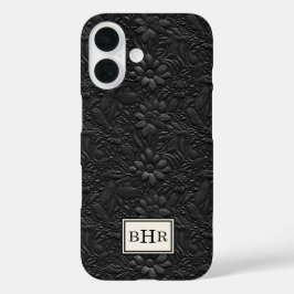 Vintage Zwarte Leer Met Monogram Stempel iPhone 16 Hoesje